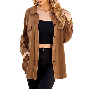 Womens Shirt Long Sleeve Collar Button Down Front Pocket Jacket