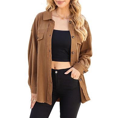 Womens Shirt Long Sleeve Collar Button Down Front Pocket Jacket