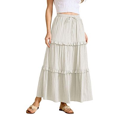 Womens Drawstring Tie Waist High Waist A Line Ruffle Hem Long Skirt
