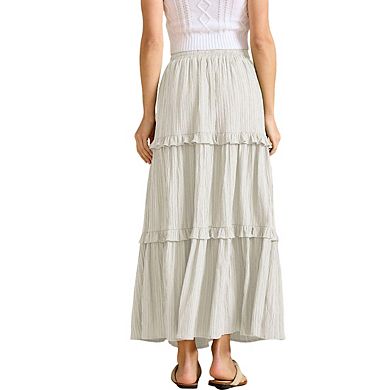 Womens Drawstring Tie Waist High Waist A Line Ruffle Hem Long Skirt