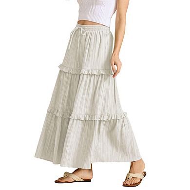 Womens Drawstring Tie Waist High Waist A Line Ruffle Hem Long Skirt