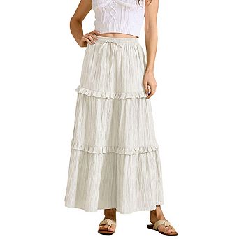 Womens Drawstring Tie Waist High Waist A Line Ruffle Hem Long Skirt