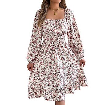 Women's Floral Square Neck Dress Long Sleeve Smocked Waist Ruffle Midi Dress