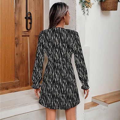 Women's Irregular Vertical Striped V-Neck Long Sleeve Button-Down Dress, Slim Fit Elegant Midi Dress