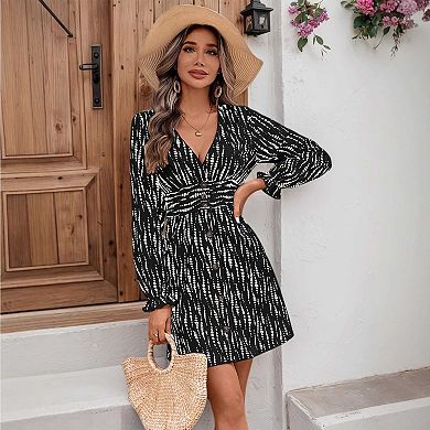 Women's Irregular Vertical Striped V-Neck Long Sleeve Button-Down Dress, Slim Fit Elegant Midi Dress