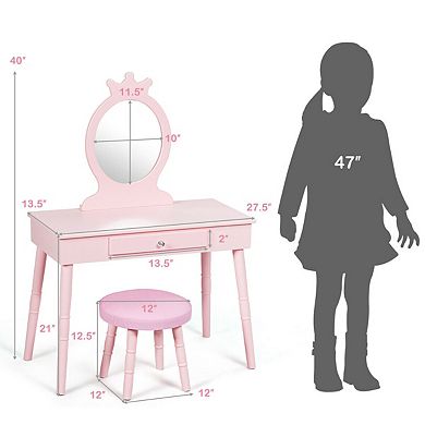 Costway Kids Vanity Makeup Table & Chair Set Make Up Stool Play Set for Children