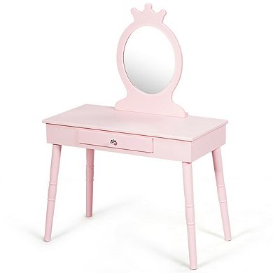 Costway Kids Vanity Makeup Table & Chair Set Make Up Stool Play Set for Children