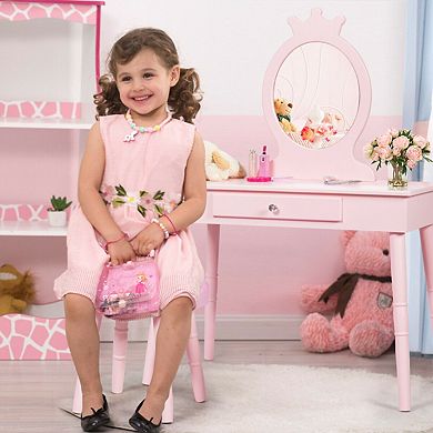 Costway Kids Vanity Makeup Table & Chair Set Make Up Stool Play Set for Children