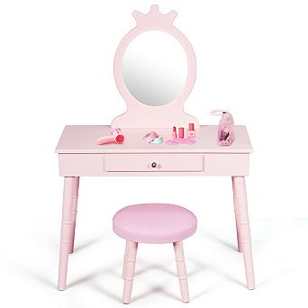 Costway Kids Vanity Makeup Table & Chair Set Make Up Stool Play Set for Children