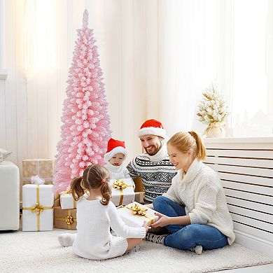 Gymax 6/7/8 FT Artificial Pink Christmas Tree w/ 460/635/1000 Branch Tips Folding Metal Stand