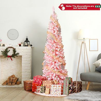 Gymax 6/7/8 FT Artificial Pink Christmas Tree w/ 460/635/1000 Branch Tips Folding Metal Stand