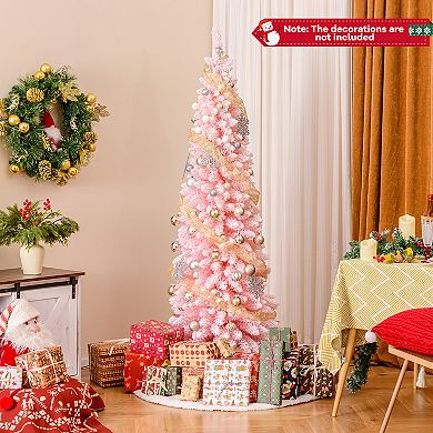 Gymax 6/7/8 FT Artificial Pink Christmas Tree w/ 460/635/1000 Branch Tips Folding Metal Stand