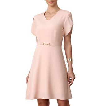 Short Sleeve Dress for Women's V Neck Petal Sleeve Dressy Casual Midi Dresses with Belt