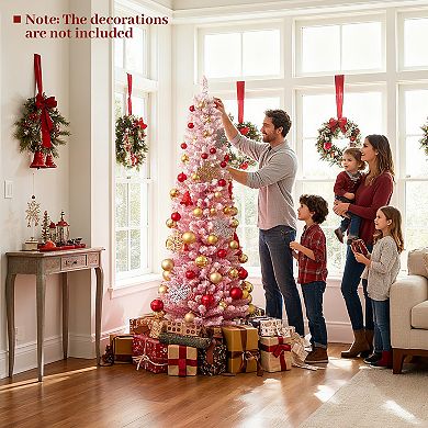 Gymax 6/7 FT Pre-Lit Christmas Tree Slim Pencil Xmas Tree w/ 392/527 Snow Flocked PVC Branch Tips
