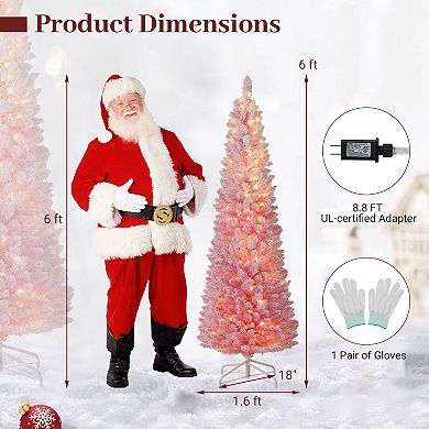 Gymax 6/7 FT Pre-Lit Christmas Tree Slim Pencil Xmas Tree w/ 392/527 Snow Flocked PVC Branch Tips