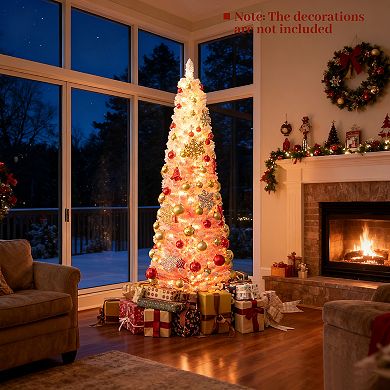 Gymax 6/7 FT Pre-Lit Christmas Tree Slim Pencil Xmas Tree w/ 392/527 Snow Flocked PVC Branch Tips