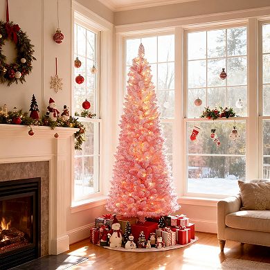 Gymax 6/7 FT Pre-Lit Christmas Tree Slim Pencil Xmas Tree w/ 392/527 Snow Flocked PVC Branch Tips