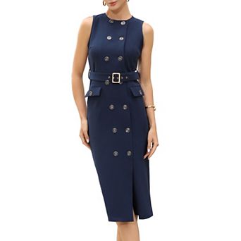 Double Breasted Work Dress for Women's Sleeveless Business Crewneck Formal Belted Pencil Dress