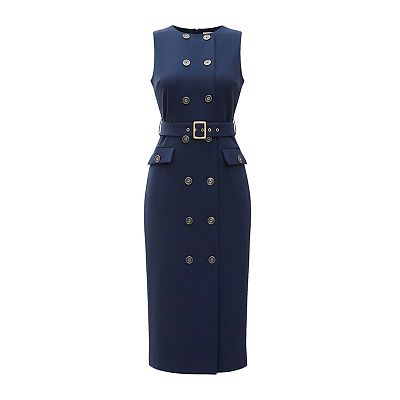 Double Breasted Work Dress for Women's Sleeveless Business Crewneck Formal Belted Pencil Dress