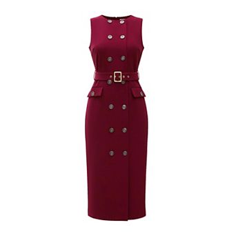 Double Breasted Work Dress for Women's Sleeveless Business Crewneck Formal Belted Pencil Dress