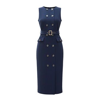 Double Breasted Work Dress for Women's Sleeveless Business Crewneck Formal Belted Pencil Dress