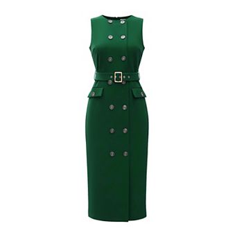 Double Breasted Work Dress for Women's Sleeveless Business Crewneck Formal Belted Pencil Dress