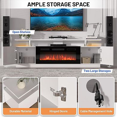 70-in TV Stand with 36-in Electric Fireplace 12 LED Flame Colors Storage White