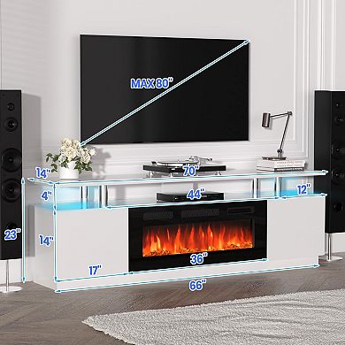 70-in TV Stand with 36-in Electric Fireplace 12 LED Flame Colors Storage White