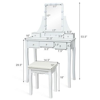 Costway Vanity Dressing Table Set w/Removable Box &10 Dimmable Bulbs Touch Switch
