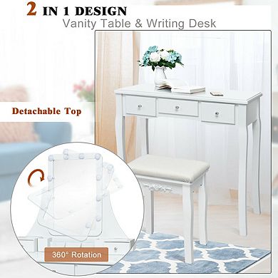 Costway Vanity Dressing Table Set w/Removable Box &10 Dimmable Bulbs Touch Switch