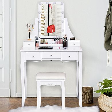 Costway Vanity Dressing Table Set w/Removable Box &10 Dimmable Bulbs Touch Switch
