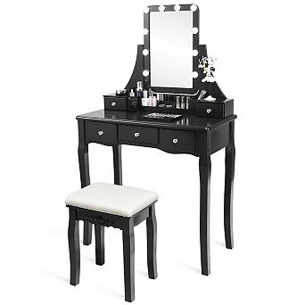 Costway Vanity Dressing Table Set w/Removable Box &10 Dimmable Bulbs Touch Switch
