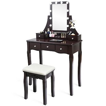 Costway Vanity Dressing Table Set w/Removable Box &10 Dimmable Bulbs Touch Switch