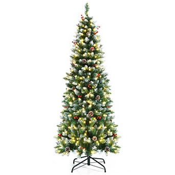 Gymax 5/6/7 FT Pre-lit Hinged Christmas Tree Artificial Pencil Xmas Tree w/ LED Lights