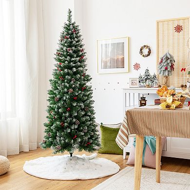 Gymax 5/6/7 FT Pre-lit Hinged Christmas Tree Artificial Pencil Xmas Tree w/ LED Lights