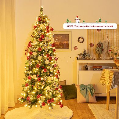 Gymax 5/6/7 FT Pre-lit Hinged Christmas Tree Artificial Pencil Xmas Tree w/ LED Lights