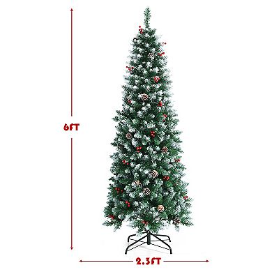 Gymax 5/6/7 FT Pre-lit Hinged Christmas Tree Artificial Pencil Xmas Tree w/ LED Lights