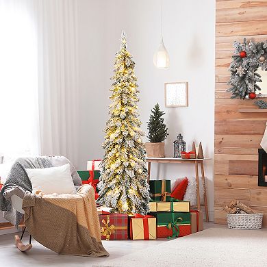 Gymax 4/5/6 FT Pre-Lit Artificial Christmas Tree Snow-Flocked Slim Pencil Christmas Tree