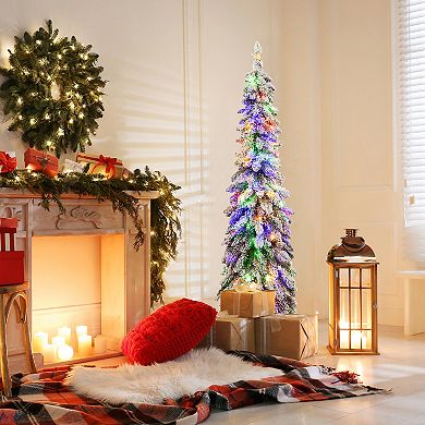 Gymax 4/5/6 FT Pre-Lit Artificial Christmas Tree Snow-Flocked Slim Pencil Christmas Tree