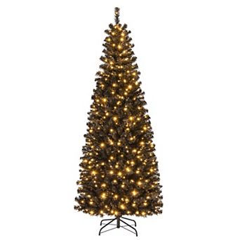 Gymax 6/7 FT Pre-lit Black Christmas Tree Artificial PVC Slim Pencil Halloween Tree
