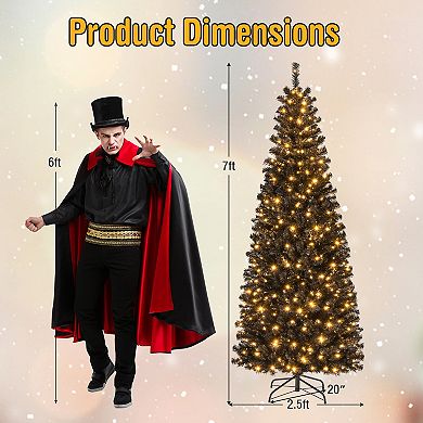 Gymax 6/7 FT Pre-lit Black Christmas Tree Artificial PVC Slim Pencil Halloween Tree
