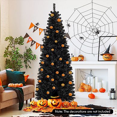 Gymax 6/7 FT Pre-lit Black Christmas Tree Artificial PVC Slim Pencil Halloween Tree