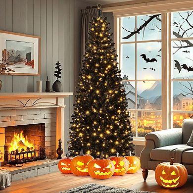 Gymax 6/7 FT Pre-lit Black Christmas Tree Artificial PVC Slim Pencil Halloween Tree