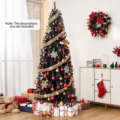 Gymax 6/7 FT Pre-lit Black Christmas Tree Artificial PVC Slim Pencil Halloween Tree