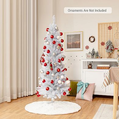 Gymax 5/6/7 FT Artificial Pencil White Christmas Tree Leafy Unlit Slim Xmas Tree
