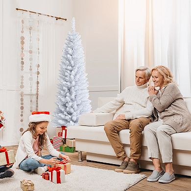 Gymax 5/6/7 FT Artificial Pencil White Christmas Tree Leafy Unlit Slim Xmas Tree