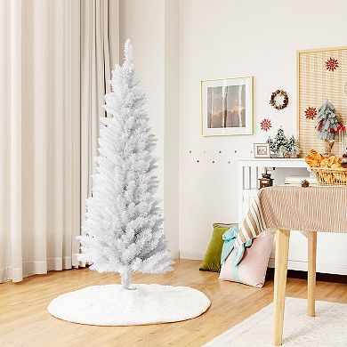 Gymax 5/6/7 FT Artificial Pencil White Christmas Tree Leafy Unlit Slim Xmas Tree