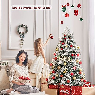 Gymax 4.5/6/7 ft Pre-Lit Artificial Christmas Tree Snow Flocked Hinged Xmas Tree w/ LED Lights