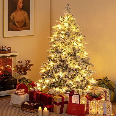 Gymax 4.5/6/7 ft Pre-Lit Artificial Christmas Tree Snow Flocked Hinged Xmas Tree w/ LED Lights