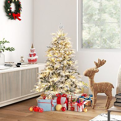 Gymax 4.5/6/7 ft Pre-Lit Artificial Christmas Tree Snow Flocked Hinged Xmas Tree w/ LED Lights